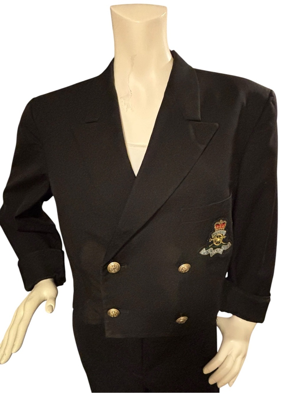 Vintage Double-Breasted Black Parisian Upcycled Military Blazer Embroidery Crest